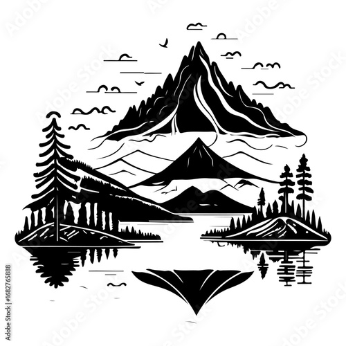 Stylized mountainous panorama featuring a tranquil reflective lake nestled amidst towering peaks