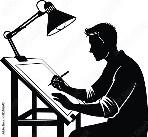 Silhouette of a man drawing or writing at a desk under a lamp, creative process and artistic expression