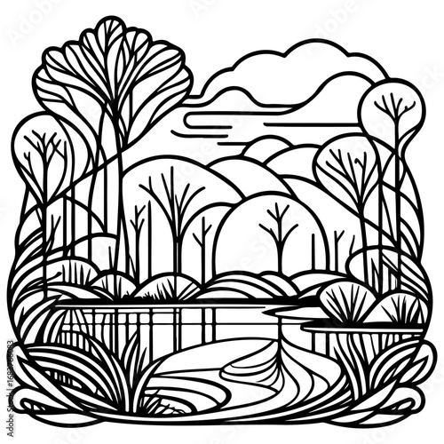 Stylized nature illustration displaying serene river landscape with trees and rolling hills in