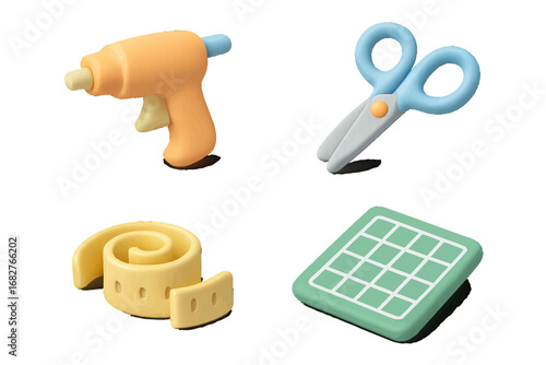 Crafting tools: glue gun, scissors, measuring tape, grid paper. Modern 3D Icon Set
