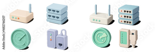 Network hardware icons with routers, switches, radar, and lock symbols. Modern 3D Icon Set