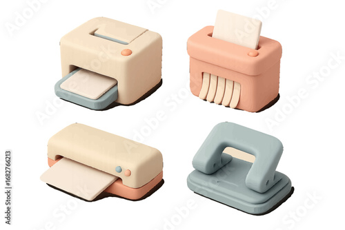Pastel machines: printer, shredder, laminator, hole punch. Modern 3D Icon Set