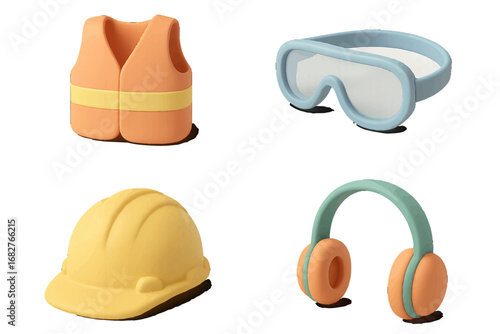 High-visibility vest, goggles, hard hat, earmuffs safety equipment. Modern 3D Icon Set