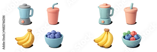 Healthy Smoothie Ingredients and Blenders. Modern 3D Icon Set