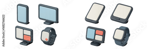 Isometric digital devices: smartphone, computer monitor, smartwatch with colorful UI. Modern 3D Icon Set