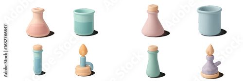 Collection of stylized laboratory glassware and equipment with soft shadows. Modern 3D Icon Set