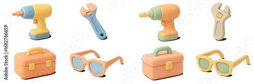 Cartoon tools and accessories in pastel colors. Modern 3D Icon Set