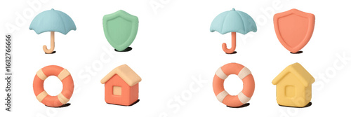 Stylized safety and protection icons: umbrella, shield, lifebuoy, house. Modern 3D Icon Set