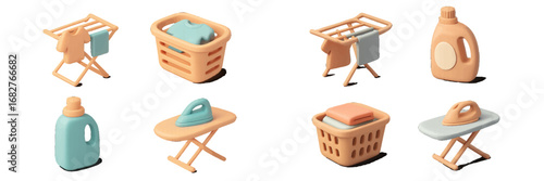 Laundry and Cleaning Supplies Set with Drying Rack and Ironing Board. Modern 3D Icon Set