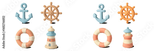 Nautical symbols: anchor, ship wheel, lifebuoy, lighthouse, maritime icons. Modern 3D Icon Set