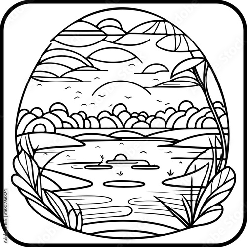 Stylized serene lake view surrounded by lush vegetation and distant rolling hills for coloring