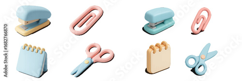 Cute pastel supplies stapler paper clips scissors notebooks isolated on black. Modern 3D Icon Set