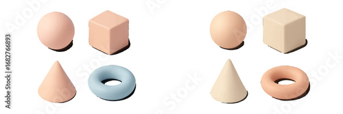 Basic geometric shapes with soft shadows on black background. Modern 3D Icon Set