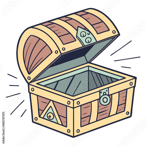 Handdrawn cartoon of an open empty wooden treasure chest with a rounded lid decorative locks and glowing lines.