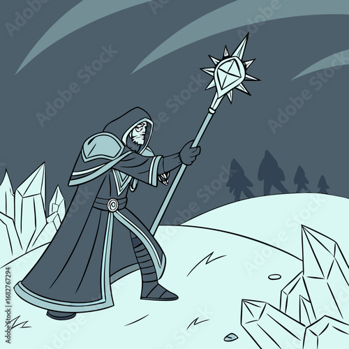 Ice Mage in Dark Robes Holding a Sparkling Staff.