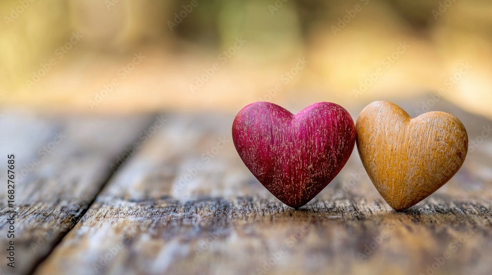 Fototapeta premium Two wooden hearts on a rustic wooden table with a blurred background.