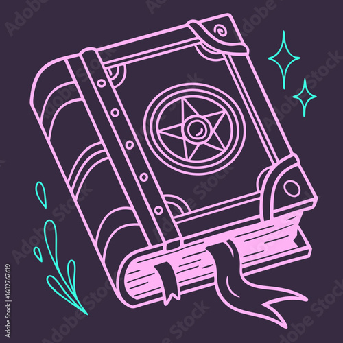 Magical Spellbook Illustration with Pentagram Ribbon and Decorative Elements.