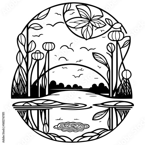 Stylized tranquil landscape illustration, nature scene with water reflection and distant birds