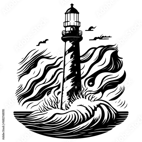 Stylized vector illustration of a lighthouse amidst turbulent waves against a clear sky offering