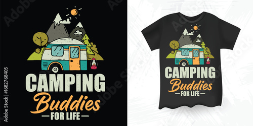 Camping Buddies for Life Retro Camper Van Mountain T Shirt Design