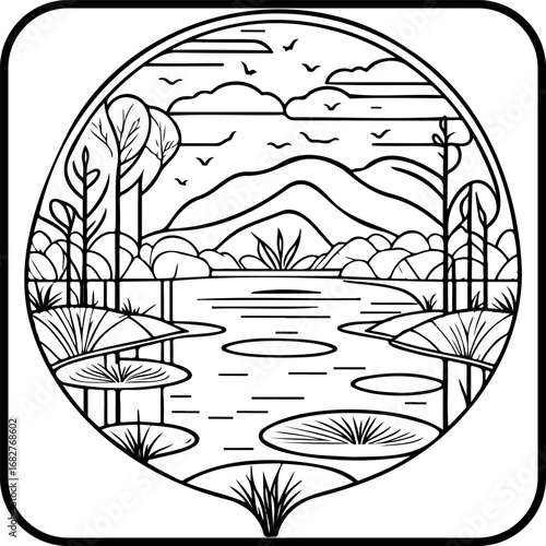 Tranquil lake scene in minimalist line art style showcases nature's beauty with serene water