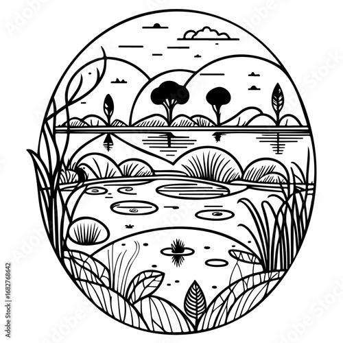 Tranquil monochrome scene depicting a pond reflecting trees and hills in a circular framed