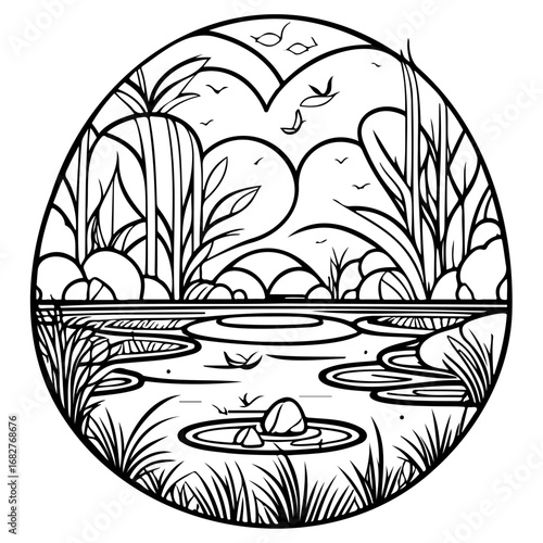 Tranquil pond ecosystem illustration with diverse flora fauna and serene water landscape creating