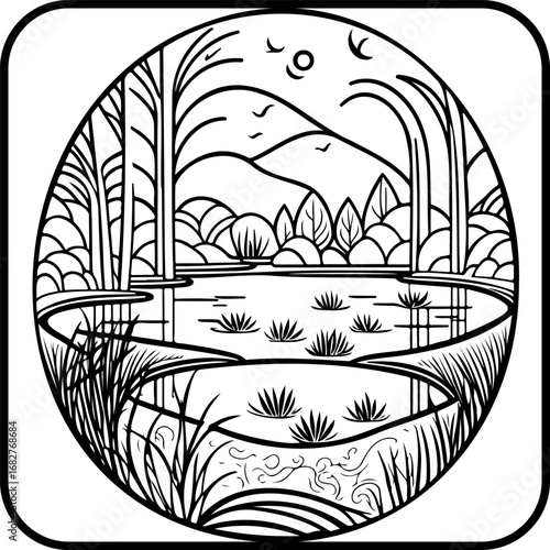 Tranquil pond illustration showcasing a serene environment with distant mountains trees and