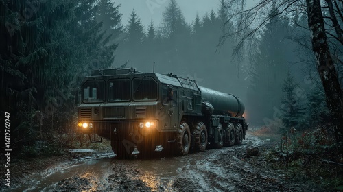Military Truck Driving Through Rainy Forest at Night