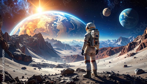 Astronaut on a rocky planet surveys Earth rising over mountainous alien landscape, against a backdrop of other planets and a brilliant sun