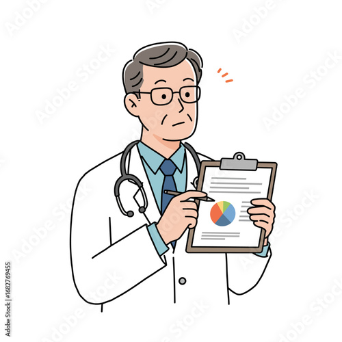 Doctor Explaining Pie Chart on Clipboard with Pen and Stethoscope.