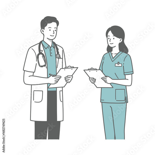 Doctor and Nurse Holding Clipboards Medical Professionals Healthcare Workers Outline Style.