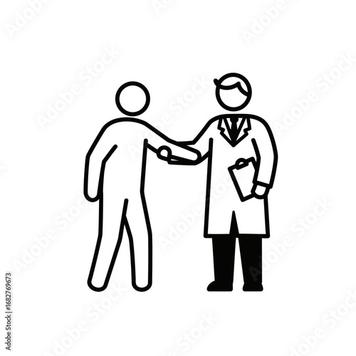 Doctor and Patient Handshake Black and White Line Art Illustration.