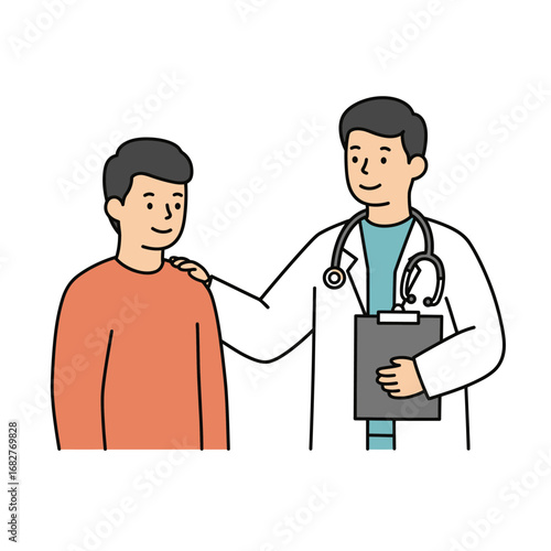 Doctor Comforting Patient with Hand on Shoulder Holding Clipboard Stethoscope.