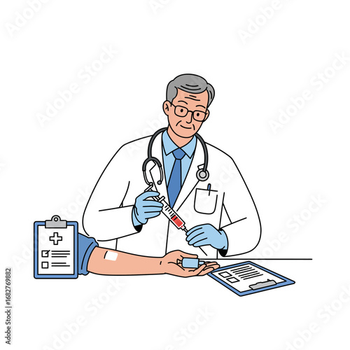 Doctor drawing blood from patients arm with syringe clipboard and paperwork.