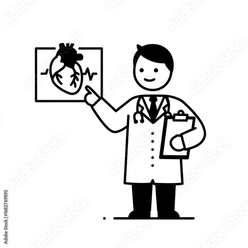 Doctor Explaining Heart Condition with ECG Wearing Stethoscope and Holding Clipboard.