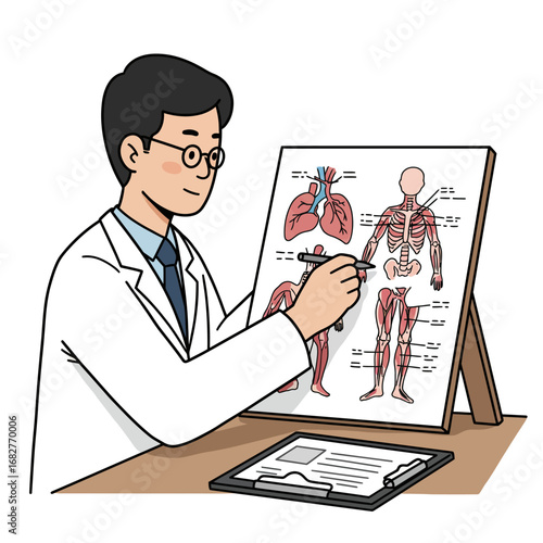 Doctor Explaining Human Anatomy with Diagram Wearing Glasses and White Coat.