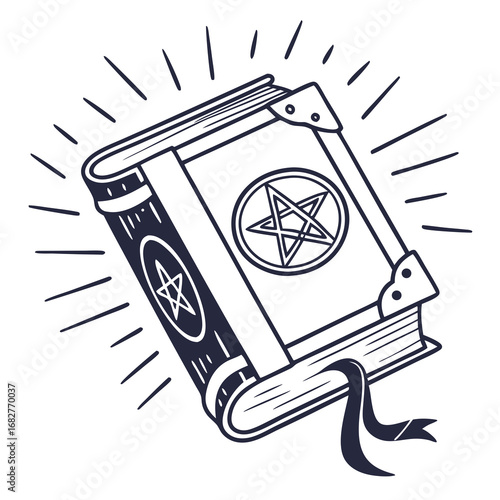 Mystical Grimoire with Pentagram Symbol and Ribbon Bookmark.