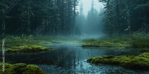 A misty forest marsh, shrouded in a tranquil and mysterious atmosphere, showcasing the tranquil stillness of the deep green trees and reflective water.