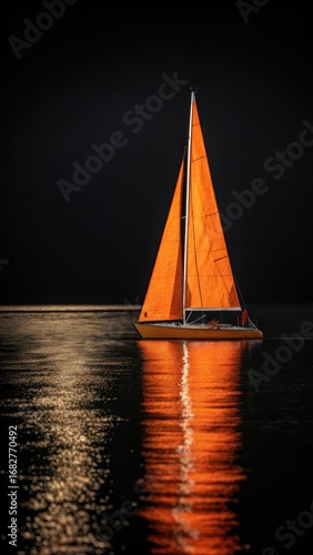 Orange sailboat reflected in calm dark water under moonlight creates serene evening sailing scene calmness and solitude