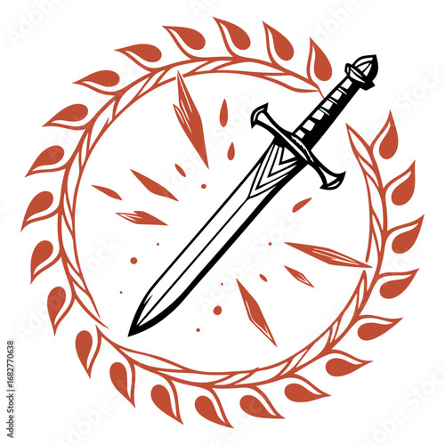 Ornate Medieval Sword Emblem with Laurel Wreath and Decorative Elements.