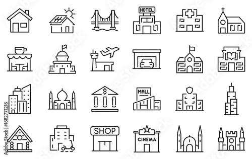 Building web icons line style. Airport, Office, Hotel, Hospital, Insurance, town house, mall, coffee. Vector illustration.