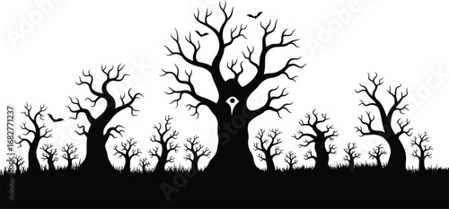 A spooky halloween forest with dead trees, bats, and an owl eye in dark night