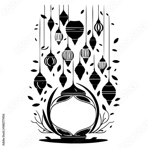 Whimsical luminaries softly suspended in elegant arrangement, with delicate leafy adornment, black