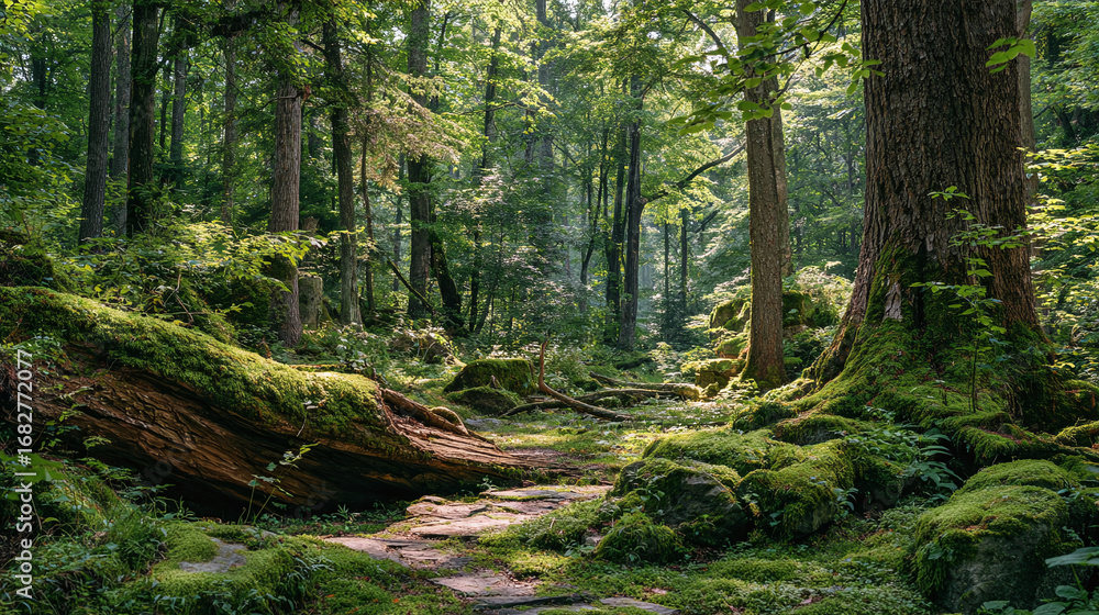 Fototapeta premium Sun-dappled forest scene with moss-covered logs and rocks, creating a peaceful atmosphere. Lush greenery and natural light enhance the woodland's charm.