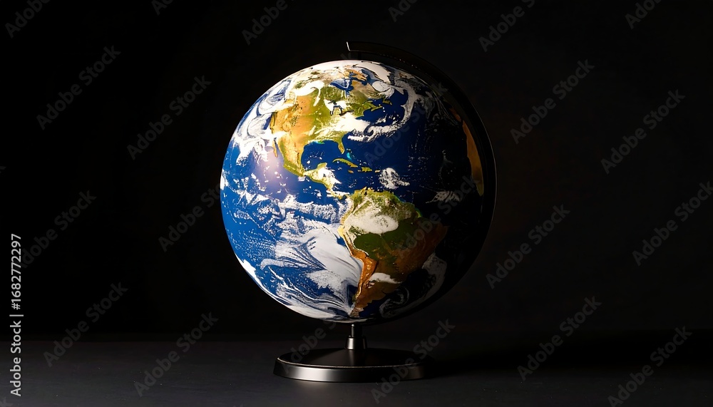 Fototapeta premium A detailed depiction of a spherical representation of planet Earth set against a dark, absorbing backdrop.