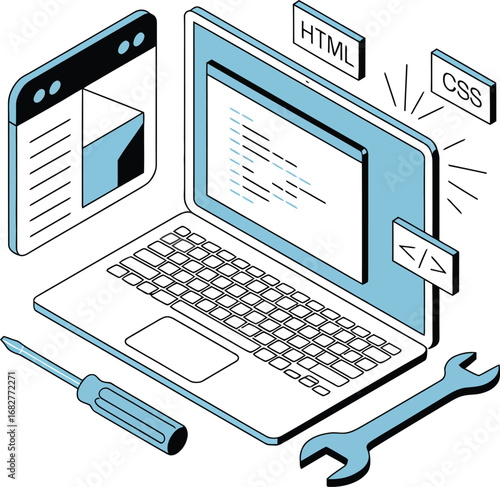 Isometric illustration of web development with laptop and coding languages