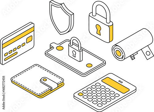 Isometric illustration of financial security and payment methods