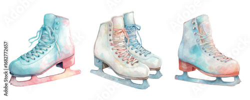 Watercolor set of ice skates. Ice skates with laces. Shoes for skating on the ice arena, figure skating, etc. Winter leisure. Winter and Christmas items. Vector illustration.
