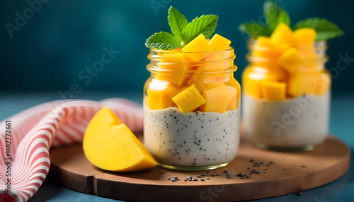 Mango Chia Seed Pudding Jars With Fresh Mango Cubes